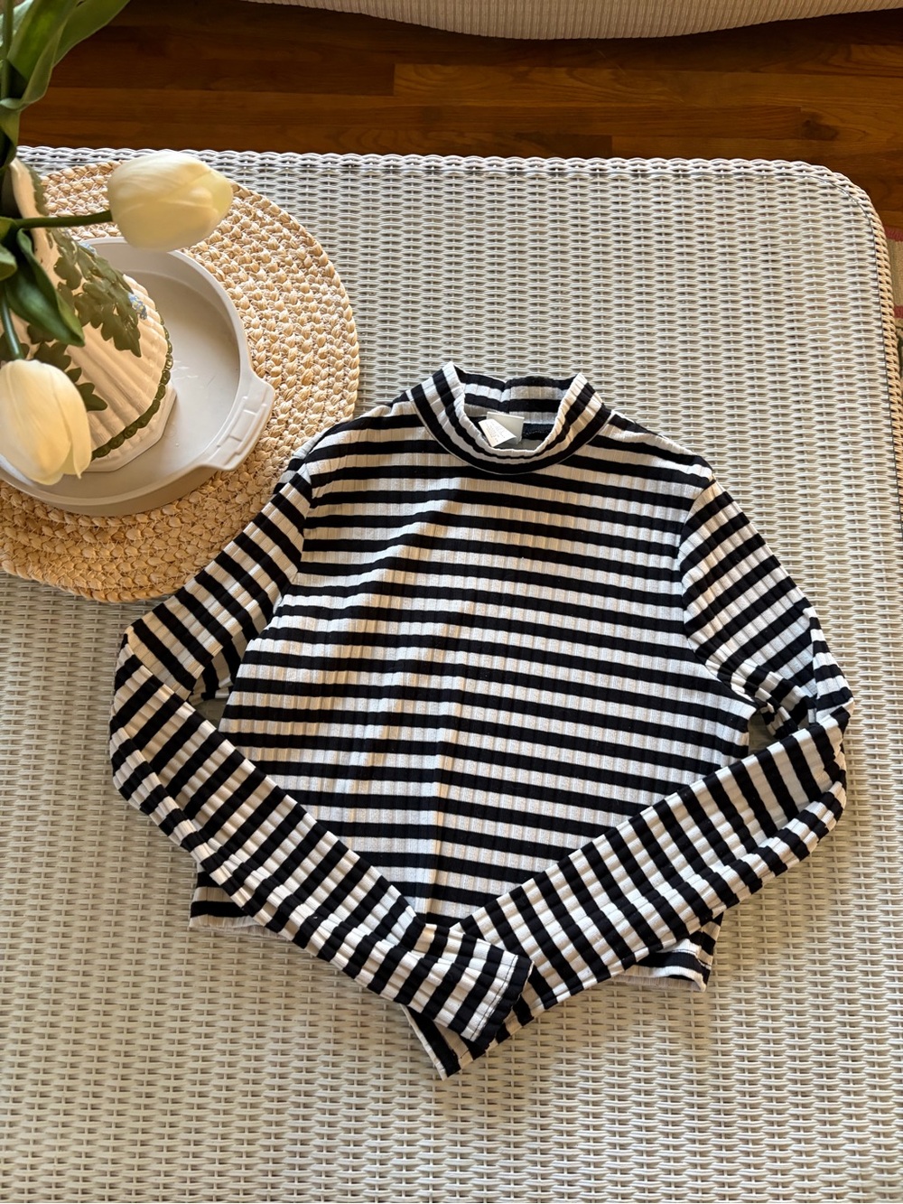 H&M Black & White Striped Long-Sleeve Mock Neck Top